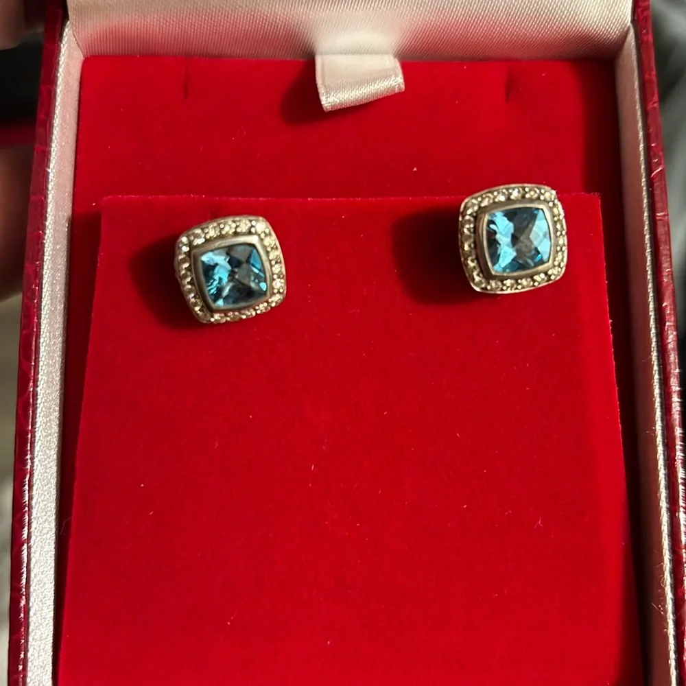 DAVID YURMAN ALBION BLUE TOPAZ DIAMOND Stud EARRINGS Authentic $1.2K - Picture 1 of 2